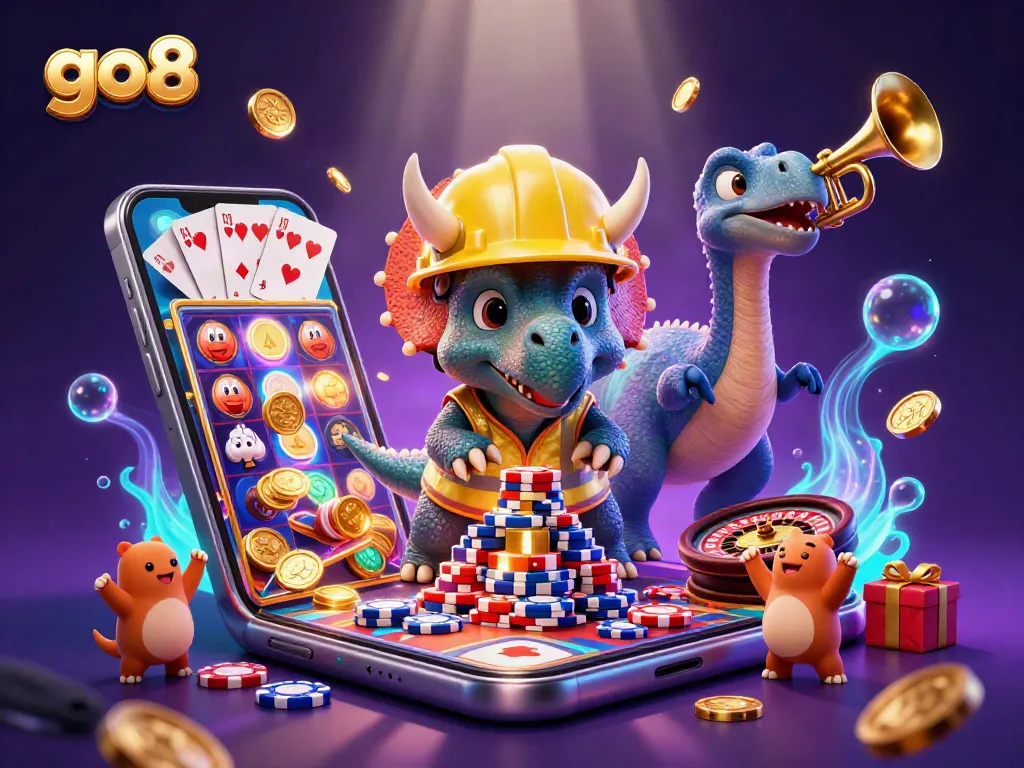Engage in exciting slot games with go8's vibrant 3D casino-themed illustration featuring dynamic characters.