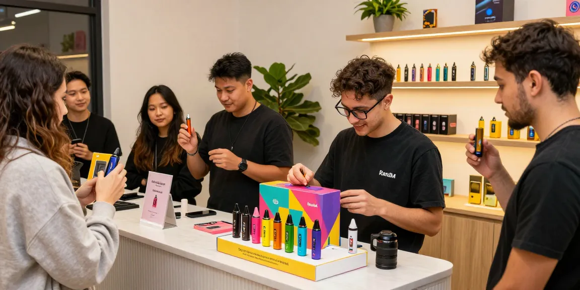 Aktive Erwachsene erkunden RandM Smoke Vapes in einem modernen Einzelhandelsumfeld.
