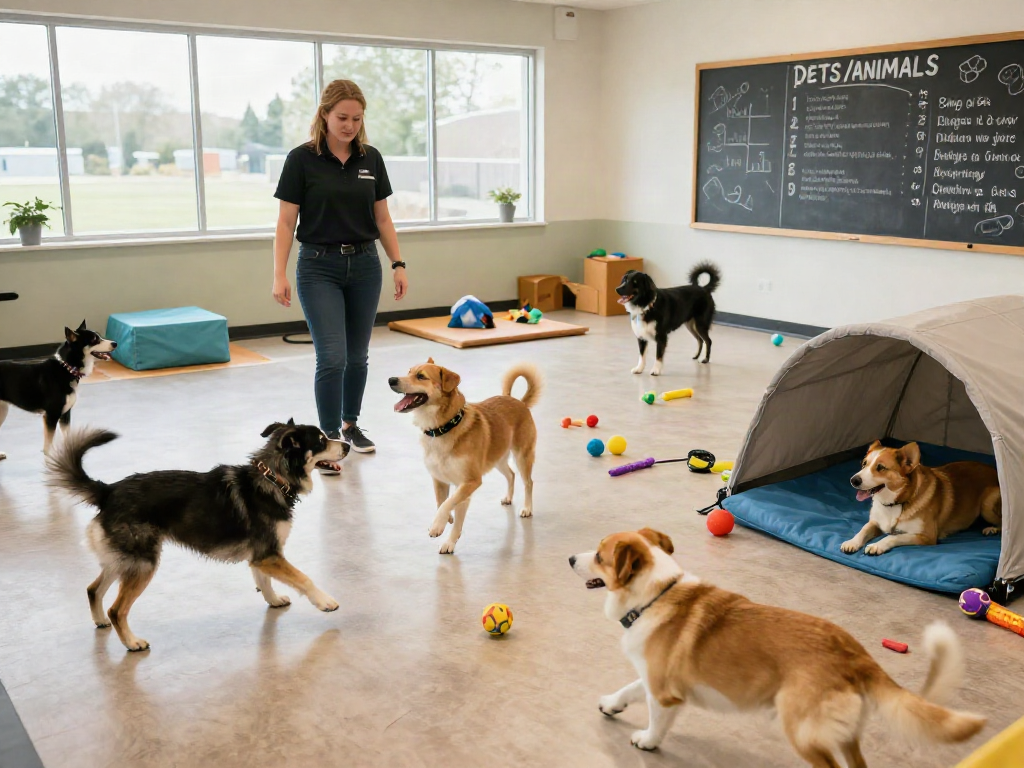 Dogs happily playing in a dog daycare environment promoting depo 10k pet services.