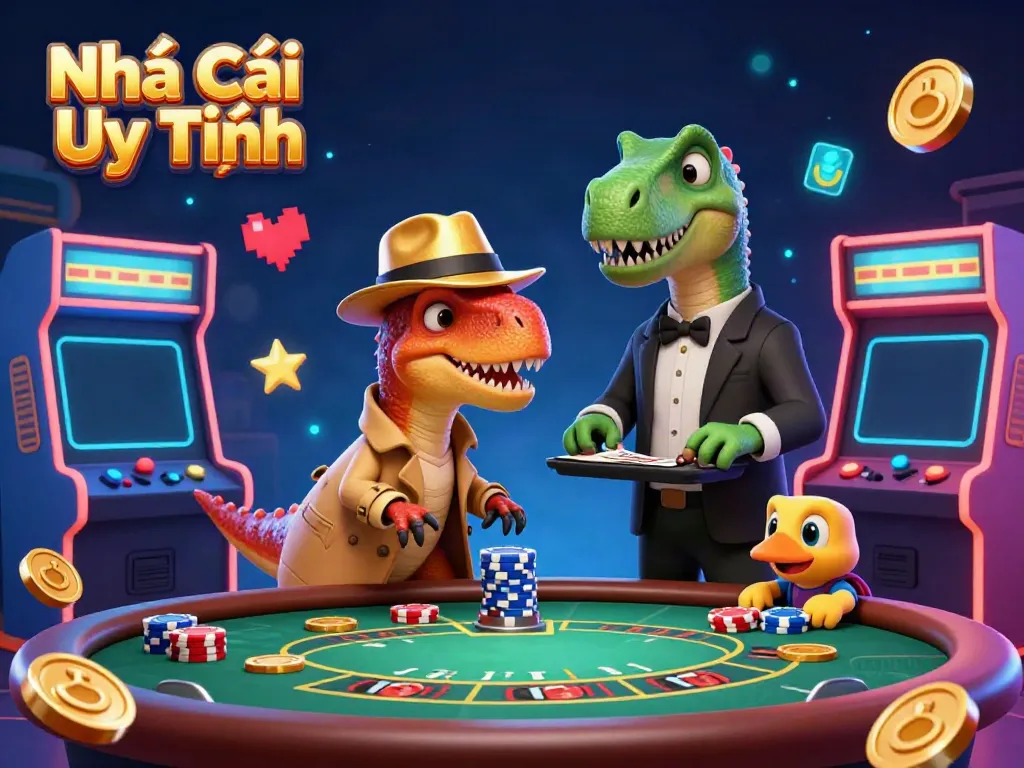 Experience excitement at the Nhà Cái Uy Tín casino with a velociraptor card counter and vibrant game elements.