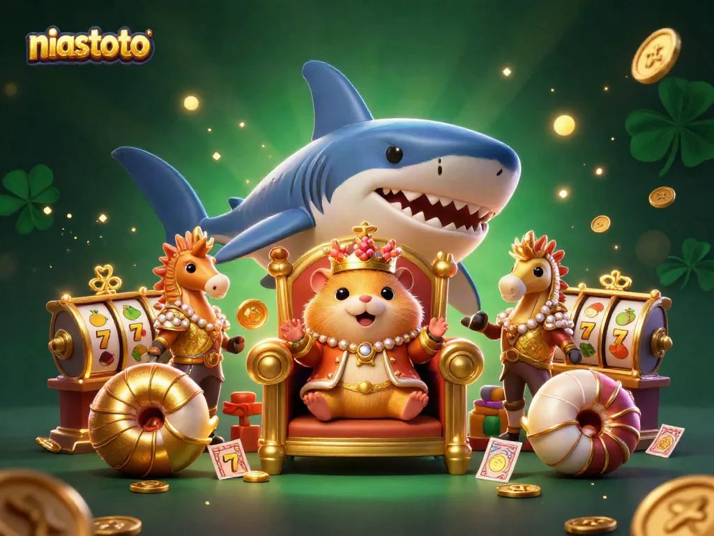Gambarkan keberanian raja hamster emas di atas singgasana gigi hiu megalodon yang megah dalam suasana kasino niastoto yang meriah.