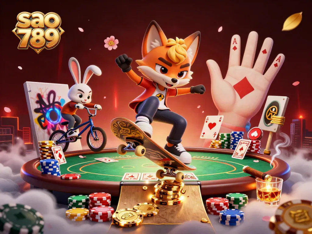 Sao 789 showcases exciting gameplay with a dynamic scene of a skateboarder fox and BMX-riding rabbit in a casino-themed environment.
