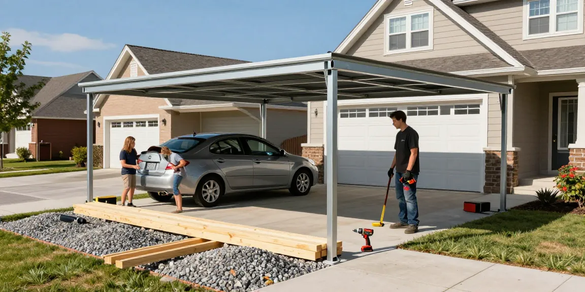 Professioneller Carport-Bau mit Handwerker und modernen Werkzeugen in einer sonnigen Nachbarschaft