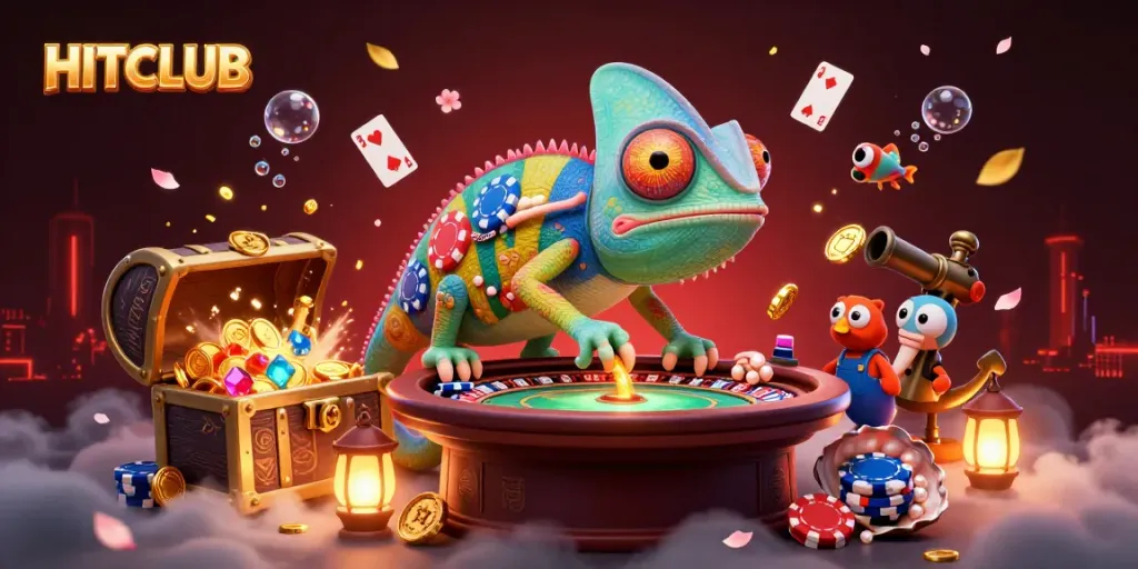 Experience immersive gaming excitement with HITCLUB's vibrant chameleon casino owner amidst treasure and cards.