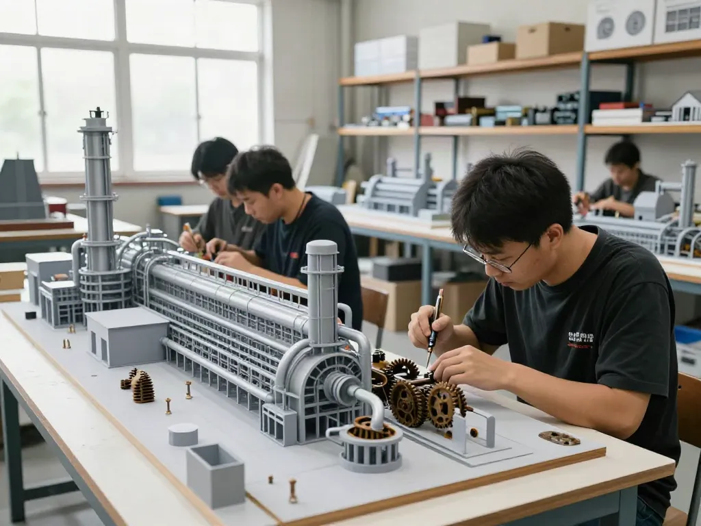 Industriemodellbau: Handwerker in der Werkstatt bei der Detailarbeit an einem 1:50 Modell.