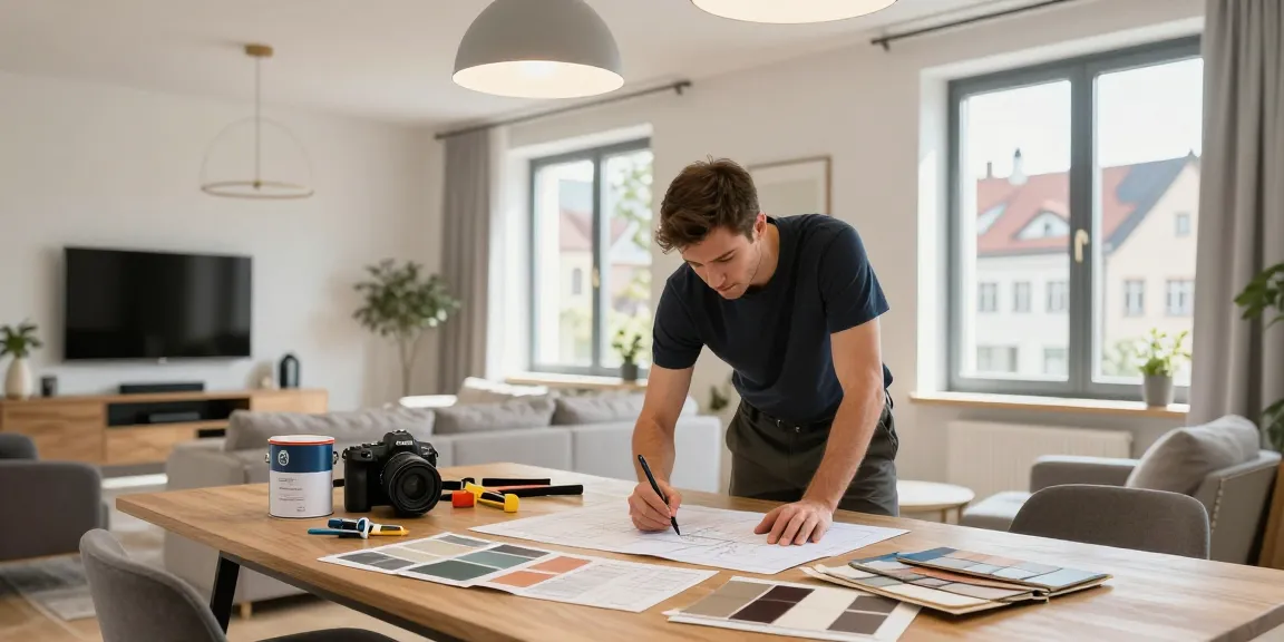Innenausbau Augsburg: Handwerker plant stilvolle Wohnraumrenovierung mit Holzmaterialien und modernen Möbeln.