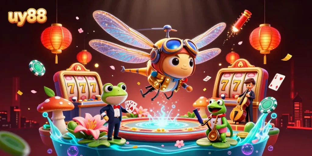 Experience winning with uy88 at a vibrant lily pad casino with action from a dragonfly pilot and frog croupier.