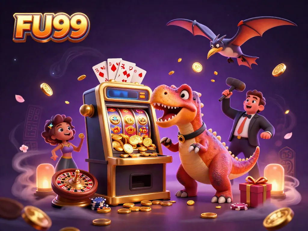 Experience FU99 as a cartoony pachycephalosaurus wins jackpots, with animated action and gaming elements.