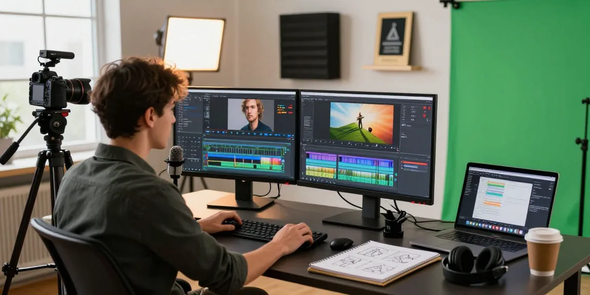 Professioneller Video-Editing-Arbeitsplatz mit hitpaw edimakor Software und kreativem Setup.