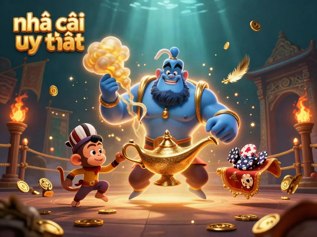 This vibrant scene features nhà cái uy tín with a blue genie, monkey, and magic carpet carrying poker chips.