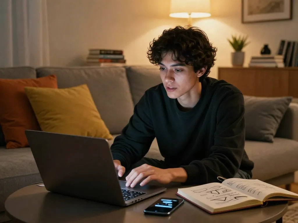 Engaging in a porn chat on a laptop in a cozy home setting with ambient lighting.
