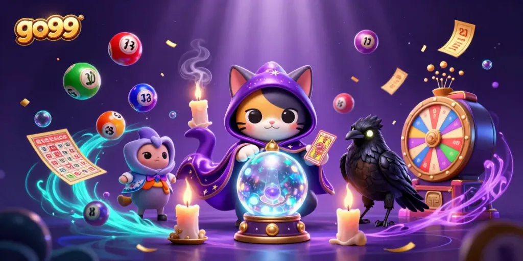 Experience excitement with go99 as colorful lottery balls and mystic elements create a vibrant scene.