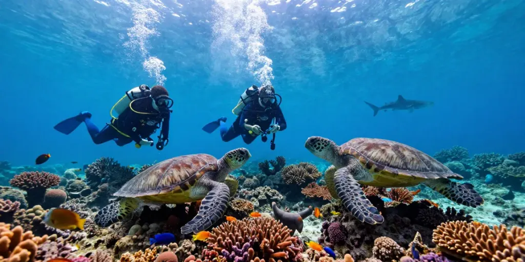 Unterwasser-Szene des Tauchens in Mexiko mit Tauchern und bunten Korallen, die das Tauchen in Playa del Carmen zeigen.