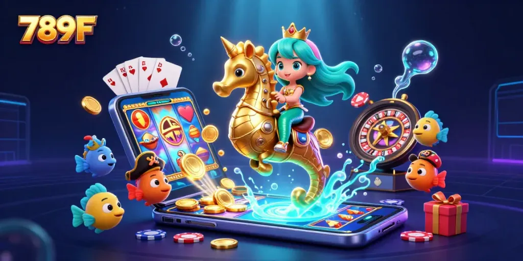 Experience fun with 789F's vibrant casino gaming scene featuring mermaid and seahorse characters.
