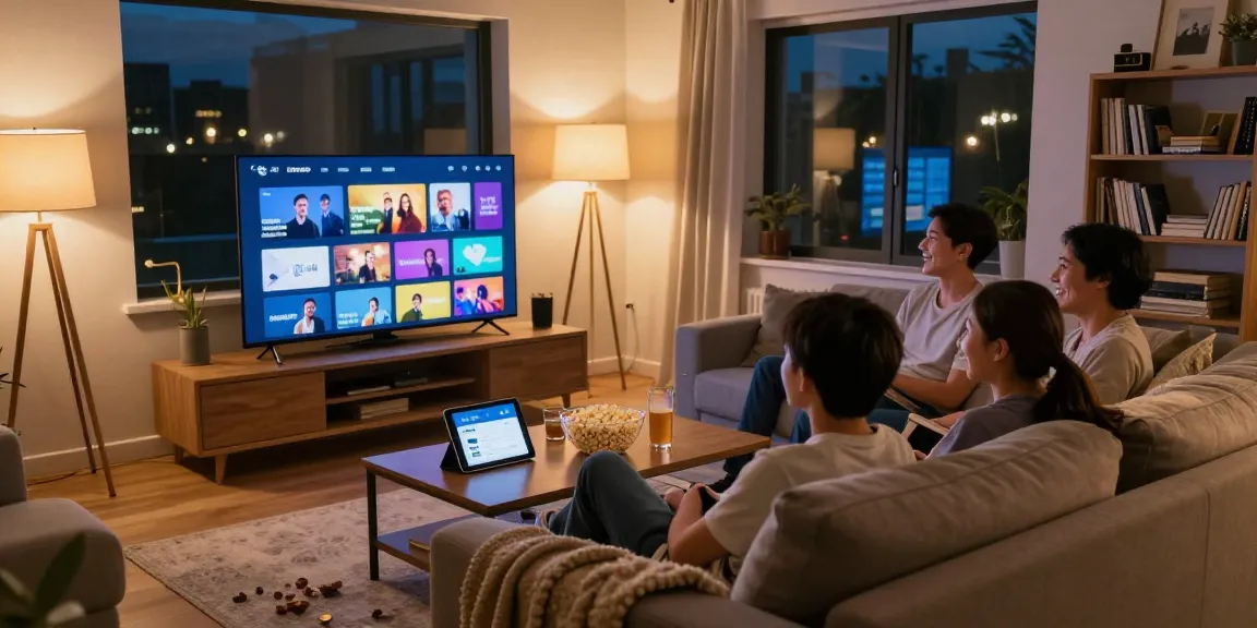 Family enjoying IPTV abonnement Norge in cozy living room with snacks and colorful TV channels