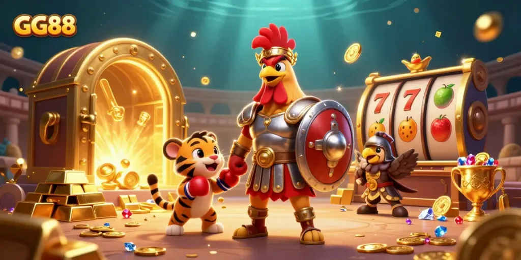 Experience thrilling gameplay at GG88 with an exciting 3D casino illustration full of games and treasures.