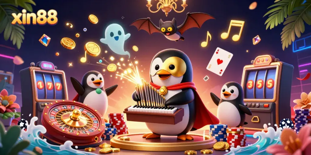 Experience thrilling gameplay at xin88, where a penguin plays golden tunes amidst cascading coins and vibrant casino elements.