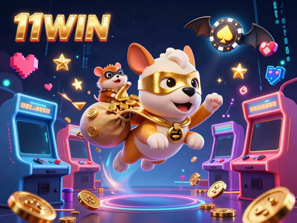Experience thrilling gameplay with 11WIN as a superhero dog and sidekick fly amidst colorful casino elements.
