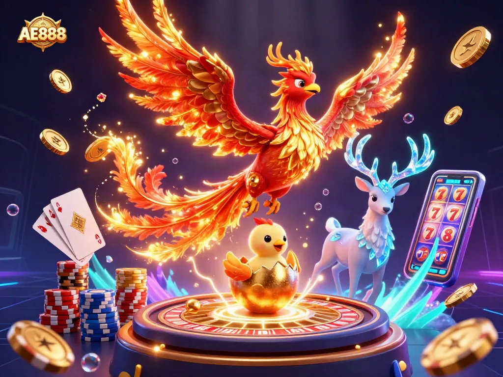 Engage with AE888 casino's vibrant world featuring phoenix, poker, and casino elements.