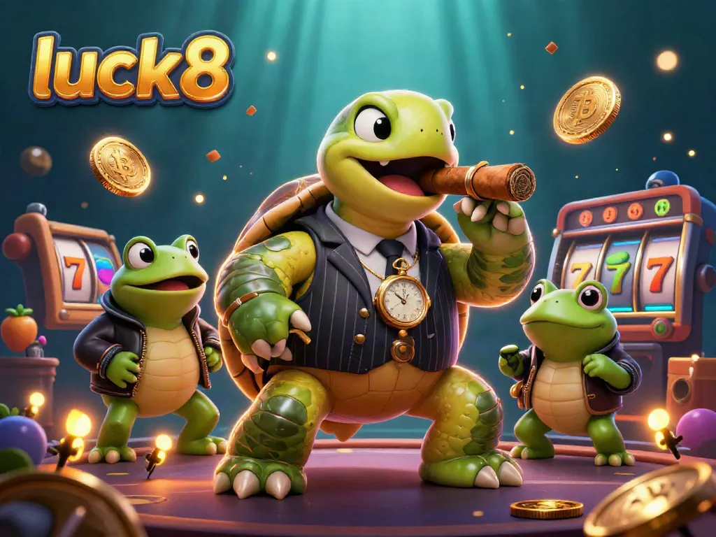 Experience excitement at luck8's casino with a vibrant illustration of a turtle mobster and bullfrog enforcers.