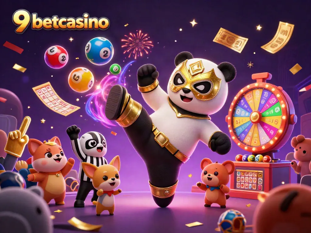 Engage with 9betcasino in an exciting gaming scene featuring vibrant lottery motifs and a playful panda wrestler.