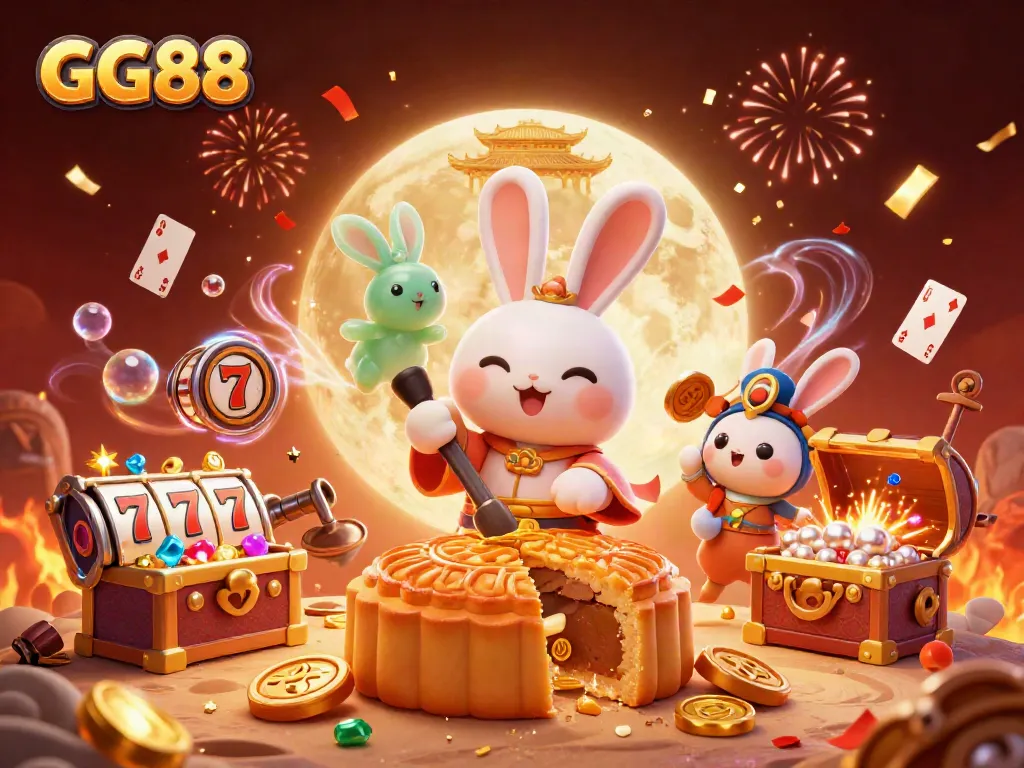 Engage with GG88 by exploring a vibrant casino-themed lunar scene featuring lucky charm elements.