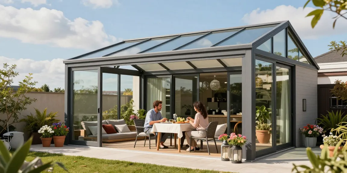 Freistehende Terrassenüberdachung mit elegantem Design und freundlichem Ambiente im Garten.
