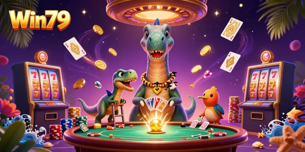 Win79's dynamic gaming universe showcases a brontosaurus interacting with a raptor dealer amidst cascading casino elements.