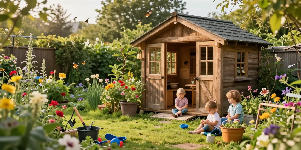 Gartenhaus Holz im Freien, umgeben von Blumen und spielenden Kindern.