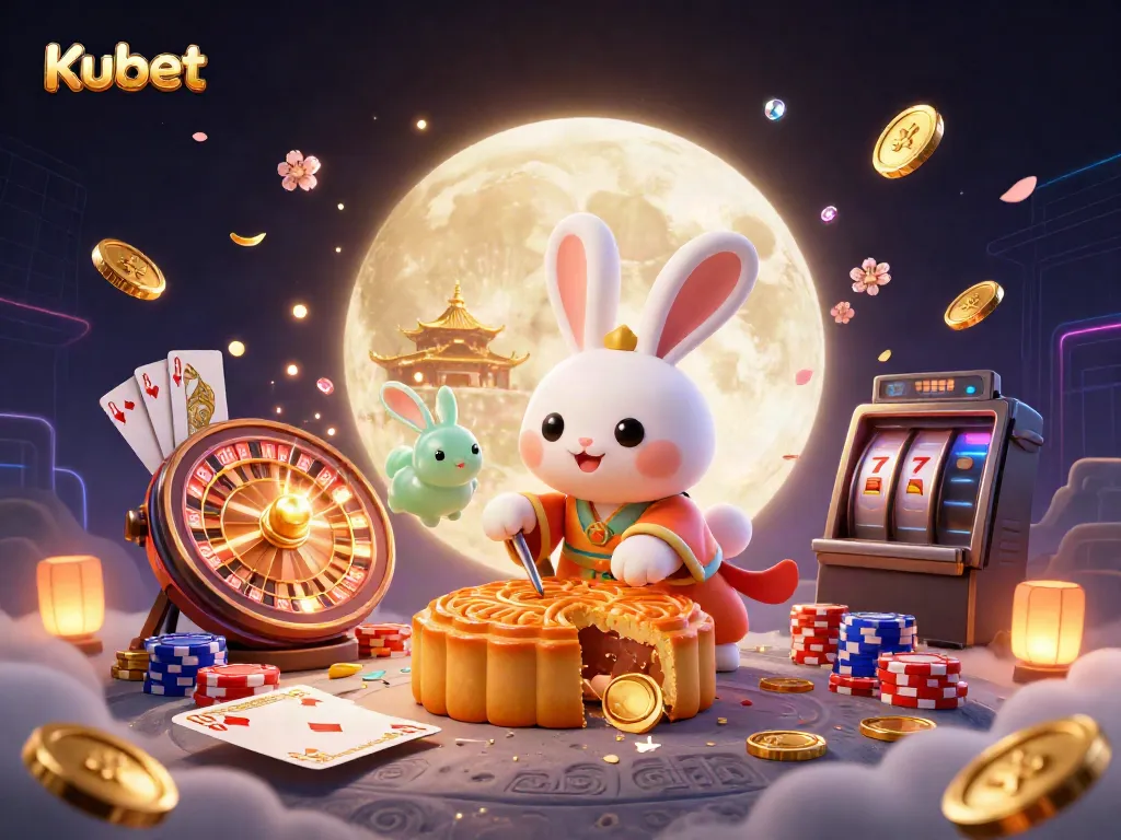 Experience the excitement of Kubet with an illustrated scene featuring a moon rabbit and casino elements.