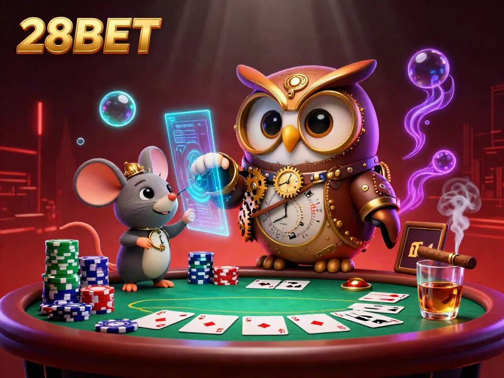Engage in thrilling poker action at 28BET with a lively steampunk casino scene.