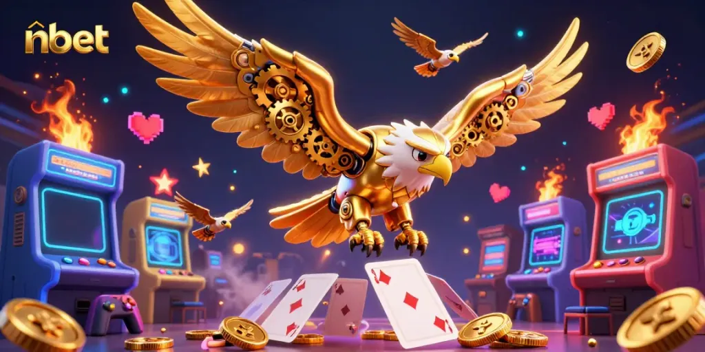 Engage in high-energy gameplay at nbet with a stunning 3D casino scene featuring a golden eagle flying through holographic cards.