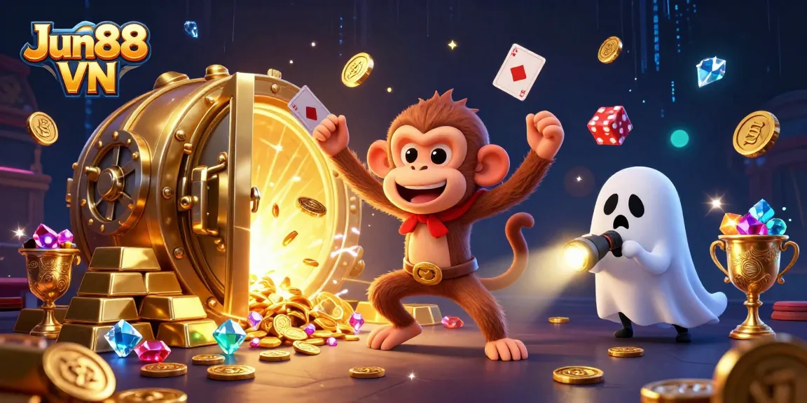 Experience thrilling action with Jun88 VN in this vibrant online casino illustration featuring a playful ghost monkey.
