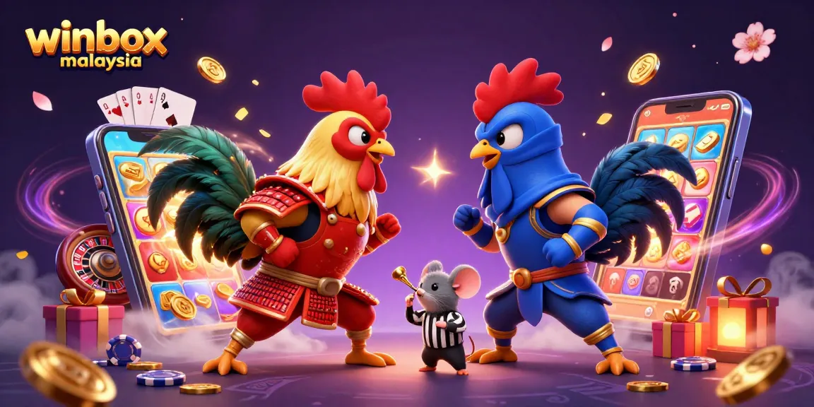 Engage in thrilling gameplay on winbox malaysia, featuring an epic showdown with fighting roosters and vibrant casino elements.