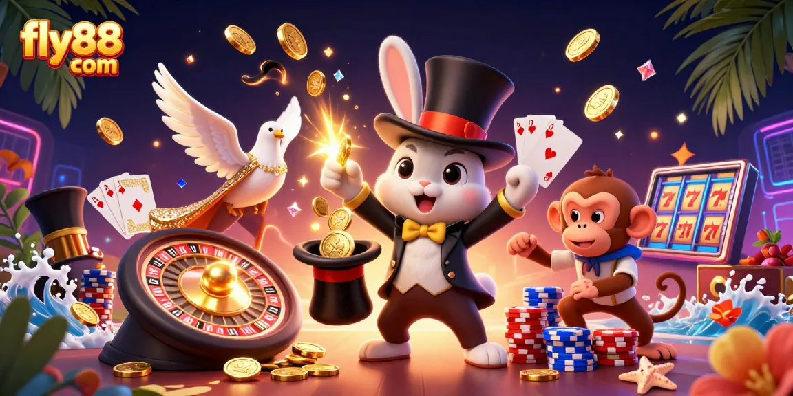 Experience the excitement of fly88 com with a vibrant illustration of casino fun including a magician, dove, and monkey amidst gold coins.