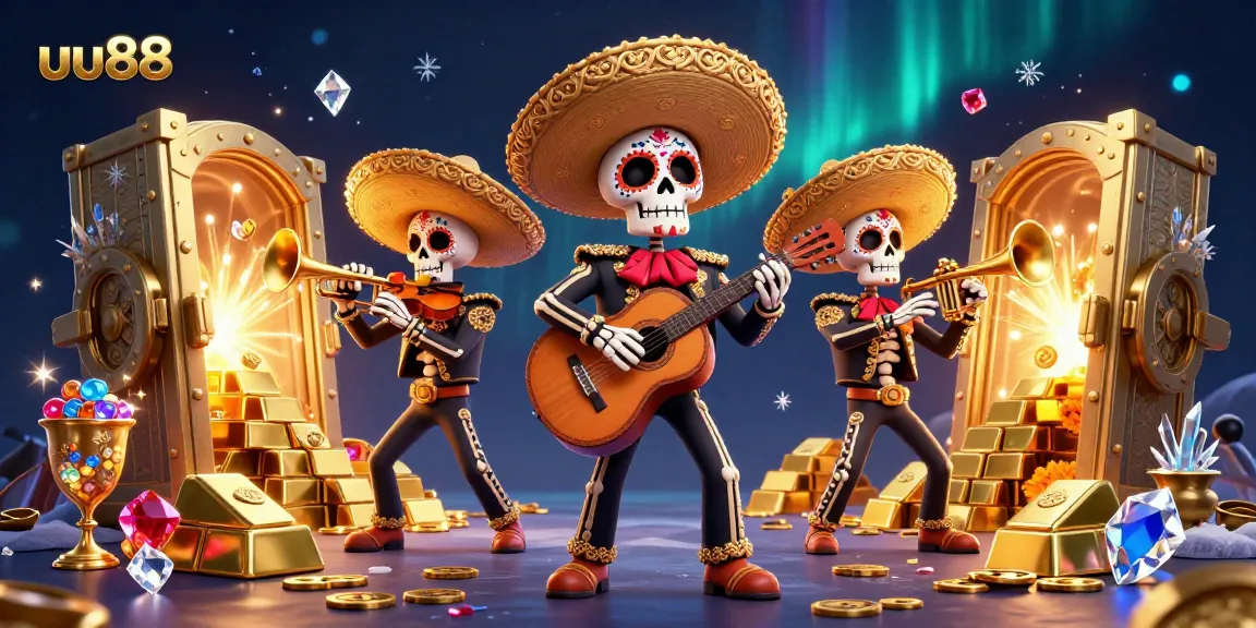 Experience the thrills of uu88 with a vibrant 3D illustration featuring a mariachi band amidst treasure and casino elements.