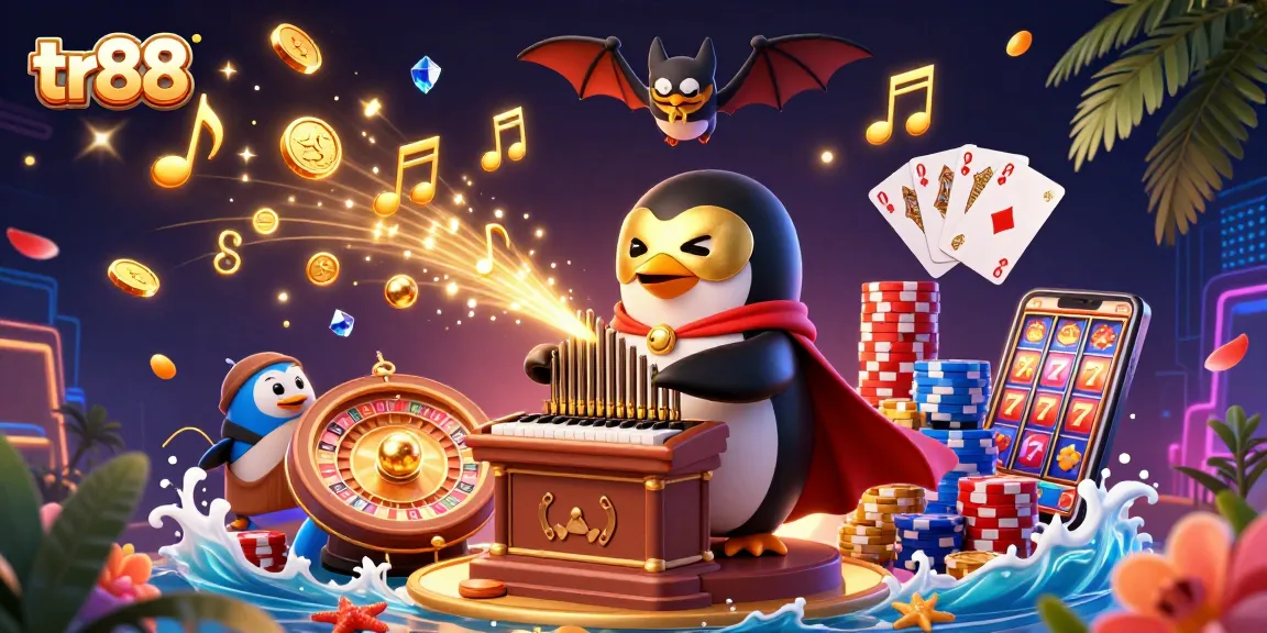 Experience excitement at tr88 casino with a vibrant 3D illustration of gaming action featuring characters and dynamic casino elements.