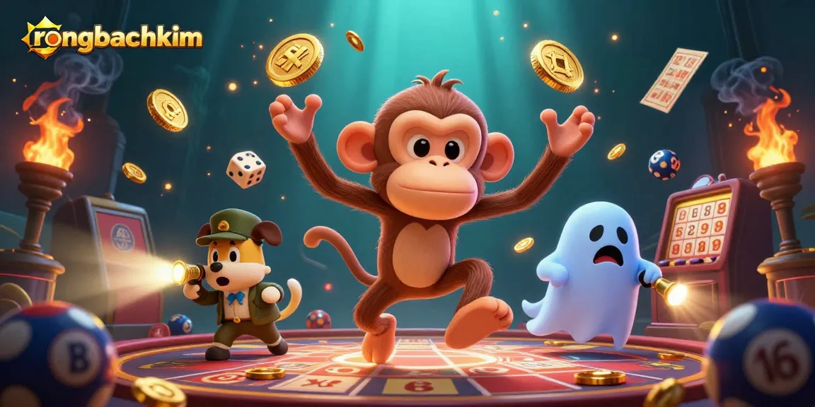 Track lottery winnings with rongbachkim's ghostly monkey juggling golden prizes in a haunted casino.