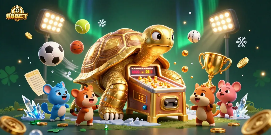 Experience the thrilling energy of 88BBET with a vibrant 3D casino scene featuring a golden tortoise pinball machine.