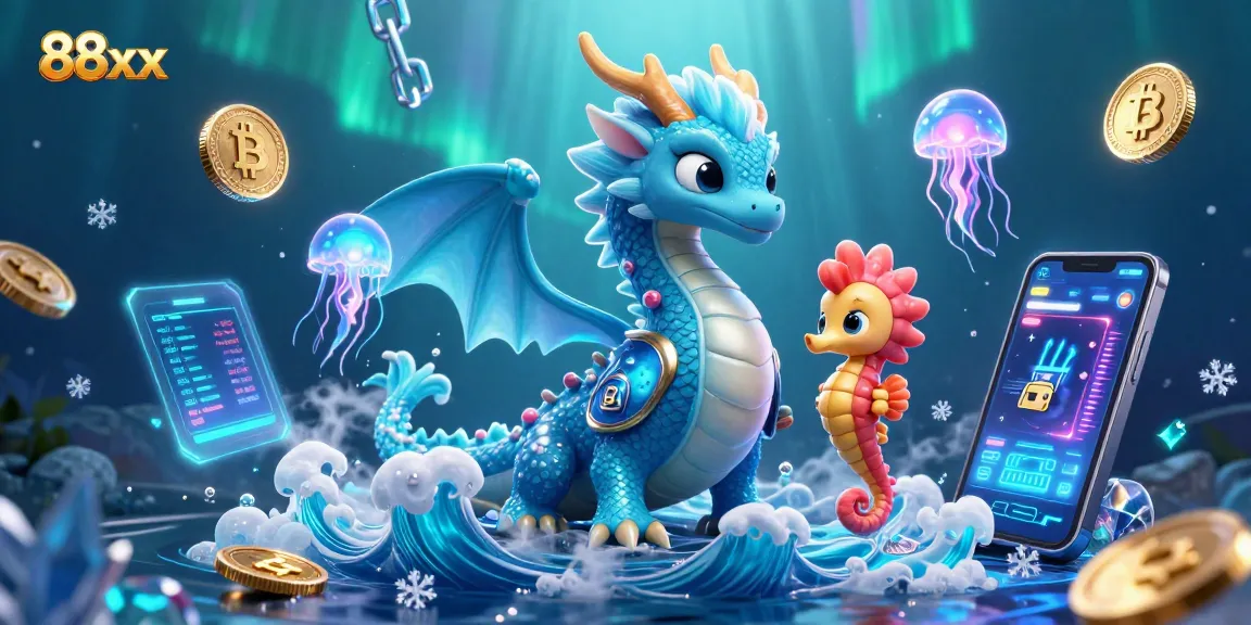 Engage with 88xx as the azure water dragon and coral knight navigate glowing crypto elements in this vibrant casino scene.
