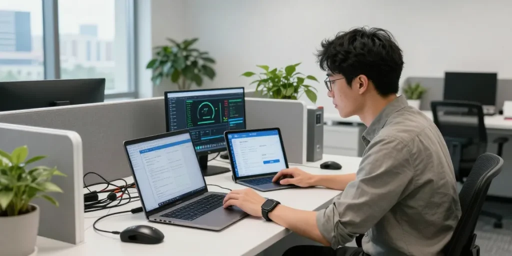快连技术支持中心的工作人员正在解决网络问题，电脑与工具整齐摆放，现代办公环境。