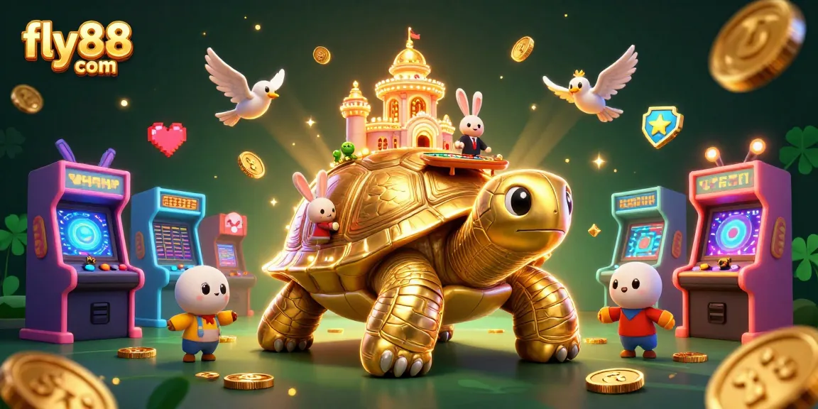 Experience the excitement at fly88 com, featuring a golden tortoise casino and rabbit dealer under shimmering lights.