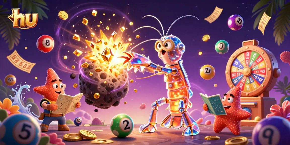 Win big with hu in a vibrant 3D casino scene featuring samurai mantis shrimp and colorful lottery elements.
