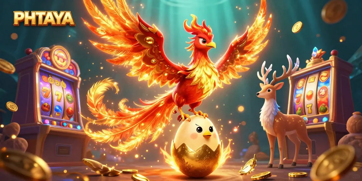 PHTAYA captivates players with this vibrant illustration showcasing a phoenix, baby phoenix, and stag amidst spectacular slot symbols.