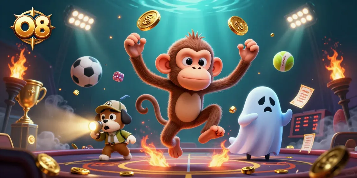 Experience the excitement of O8 with a playful monkey juggling golden casino prizes in a haunted setting.