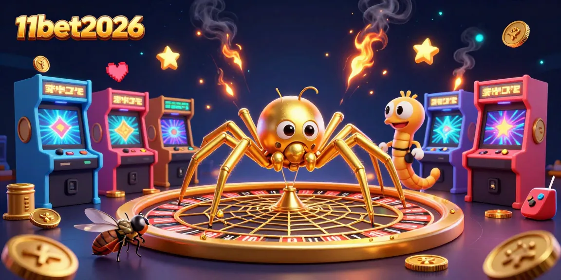 Engage with the thrilling atmosphere of 11bet2026 featuring a dynamic casino scene with a golden spider and centipede.
