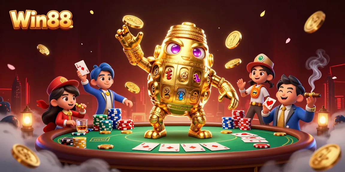 Win88 players enjoy vibrant gameplay at a dynamic casino featuring a golden golem of coins.