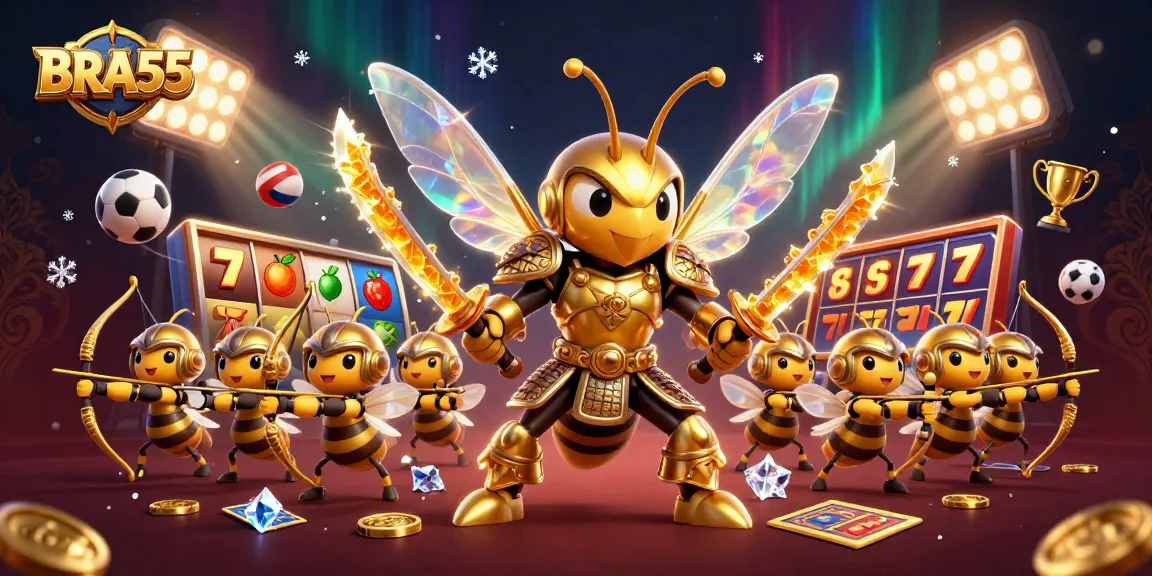 BRA55 offers a vibrant 3D casino experience with golden characters, slot elements, and sports action.