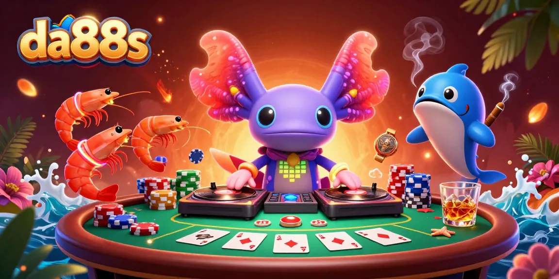 Engage with da88s' colorful casino experience featuring a neon axolotl DJ and vibrant poker scene.
