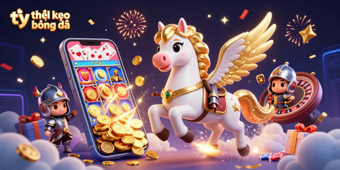 Experience thrilling tỷ lệ kèo bóng đá moments with a 3D illustration of a knight on a magical horse amidst vibrant casino elements.